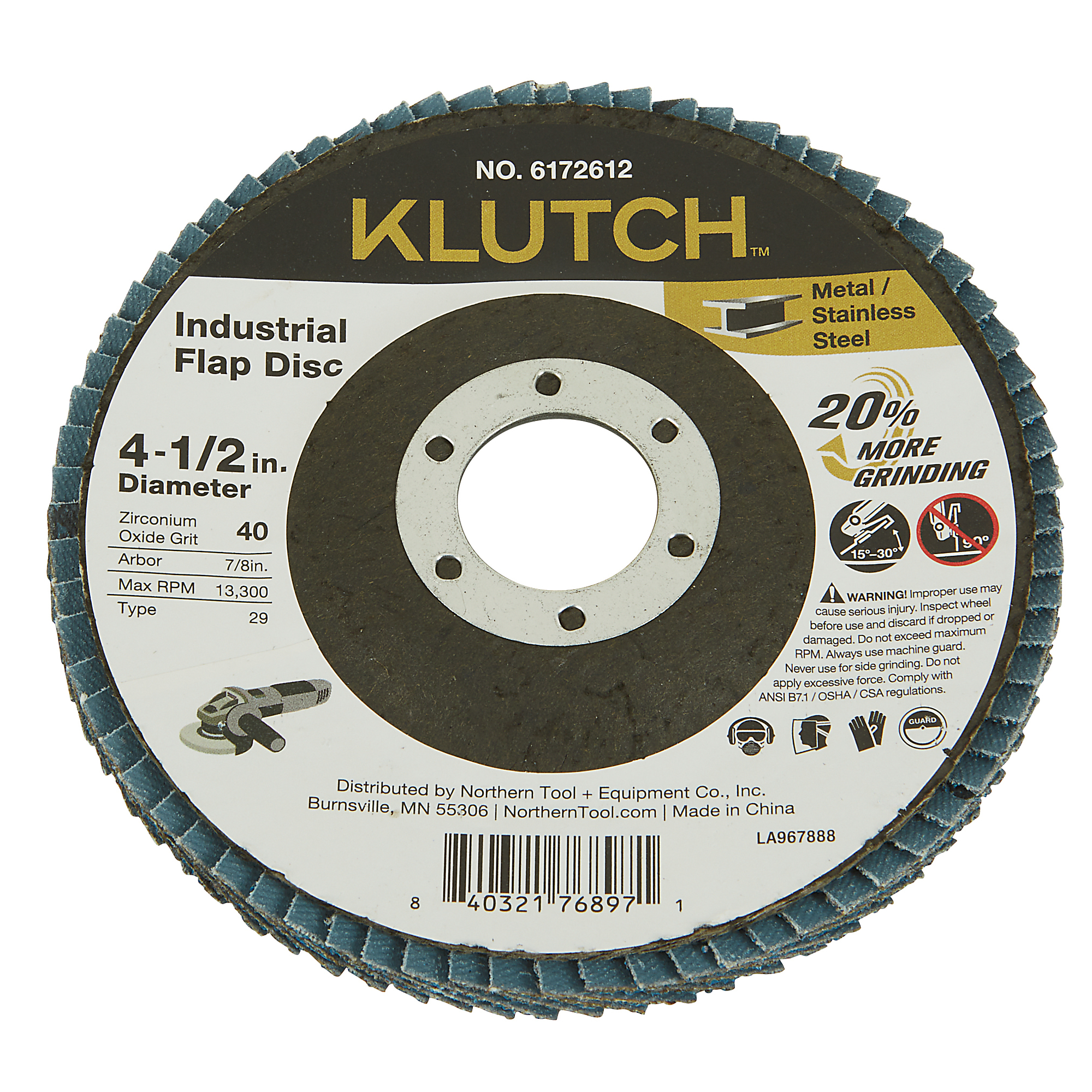 Klutch Industrial Metal Flap Disc, 4-1/2in. x 7/8in., 40 Grit, Type 29
